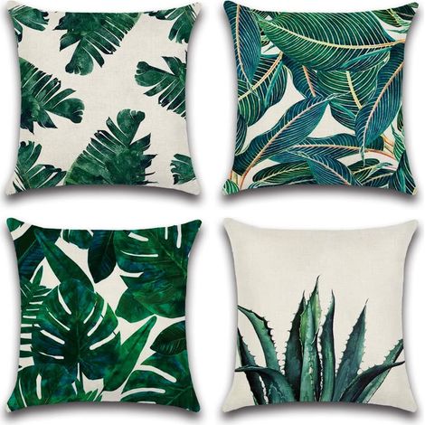 Sollbry Juego de 4 fundas de cojín de 45 x 45 cm, decorativas para decoración de estilo rústico, sofá, cama, dormitorio y sala de estar (planta tropical). (1/4)