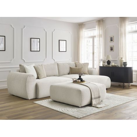 BOBOCHIC - Canapé d'angle convertible coffre LUCIEN gros côtelé doux avec pouf Angle droit Beige (1/5)
