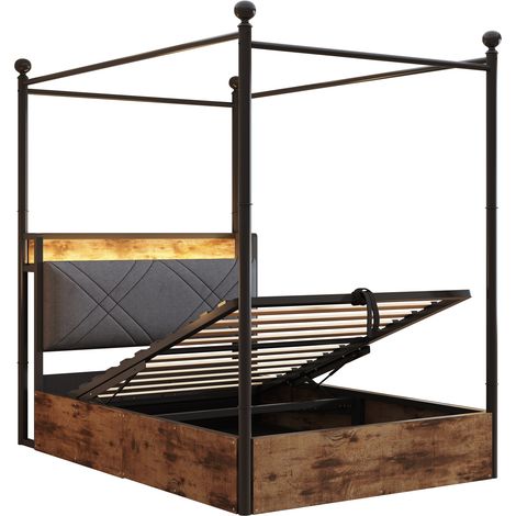 Cama alta multifunción de metal negro 90 x 190 cm con almacenaje y LED (1/5)