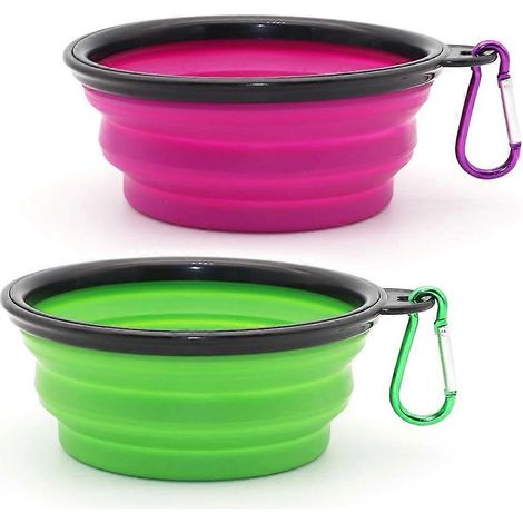 Gamelles pliables chiens/chats lot de 2 portables promenades, stationnements, voyages avec 2 mousquetons petit modèle vert et violet (1/5)