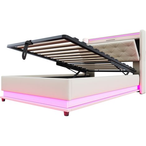 Lit rembourré pour enfant 90200cm, avec lumières changeantes et prise USB, tête de lit relevable, rangement hydraulique, poche pour téléphone, lit simple multifonction, tissu lin beige (1/5)