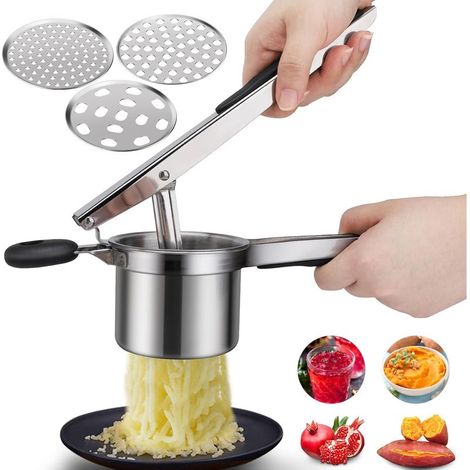 Machacador de patatas manual con 3 discos intercambiables, machacador de patatas manual profesional de acero inoxidable, ideal para frutas, verduras y comida para bebés. (1/5)