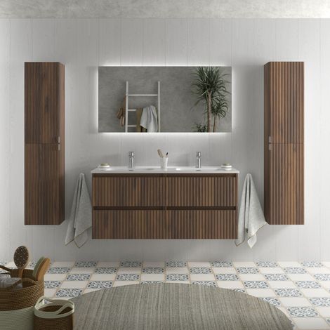 Mueble de Baño KIRA 120cm Nogal 4 cajones Lavabo 2 pozas Porcelana (1/5)