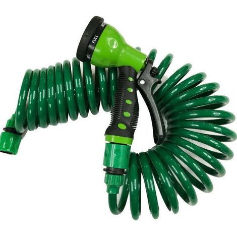 The 7.5 meter long flexible hose made of EVA high-voltage telephone conduit is lightweight, tangle-free, does not need to be twisted, and features quick couplings and a multi-function nozzle. (1/3)