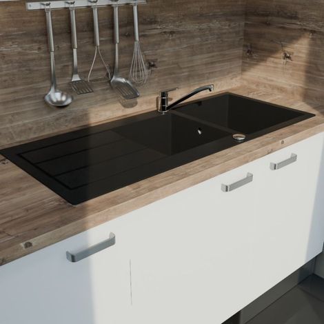 Évier STONIKA avec 2 bacs + égouttoir 118 cm - Noir (1/2)