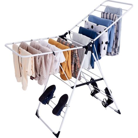 Foldable Clothes Drying Rack Adjustable Clothes Hanger W/Shoe Holder & 2 Shelves (1/5)
