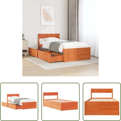 Cadre de lit avec tiroirs -  Cadre de lit sans matelas cire marron 90x200 cm bois pin massif (1/5)