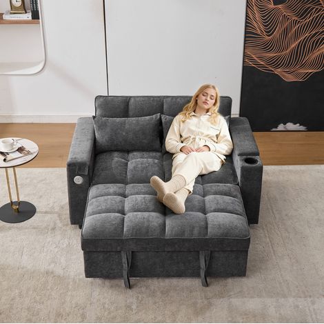 Sofá cama gris con USB y mesa oculta cómodo para salón OKMYHOME (1/5)