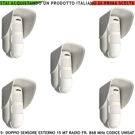 Sensore Movimento Doppia Tecnologia da Esterno IP54 Copertura 15 Metri Grandangolo o 25 Metri Tenda 5 Pezzi Via Radio Freq. 868 MHz Bidirezionale Codice UNISAT (1/5)