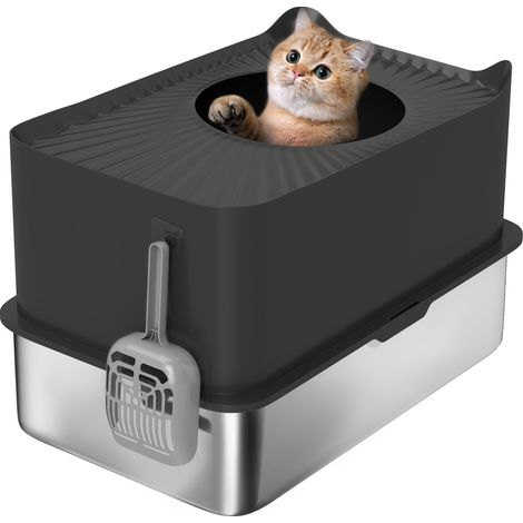 Lettiera per gatti in acciaio inox di grande capacità, 85 litri, casetta semi-chiusa, 60 x 40 x 38 cm, nera.
