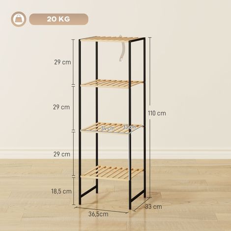Étagère de bain autoportante en bambou et métal, 4 étages, dimensions 36,5 x 33 x 110 cm, teinte naturelle, meuble de rangement vertical pour salle de bains (1/5)
