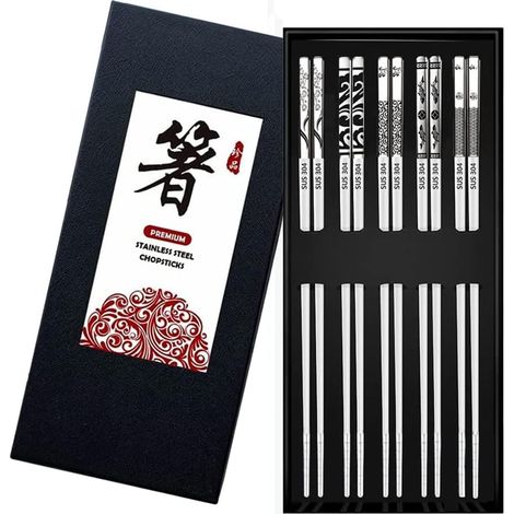Baguettes Réutilisables en Acier Inoxydable - 5 Paires en Métal Lavables au Lave-Vaisselle, Chinoises et Japonaises - Élégante Boîte Cadeau pour Cuisine (1/5)
