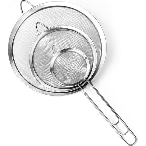 Lot de 3 Tamis Maille Fine, Cuisine Passoire Mailles Avec Poignée, Tamis la Farine en Acier Inoxydable, pour égoutter Nouille Poudre Pâtisserie Riz Légumes Blanc D'oeuf, 7cm, 12cm et 18cm (1/5)