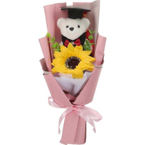Blumenstrauß in Form eines Teddybären zum Schulabschluss, Sonnenblumenstrauß, Blumendekoration zum Schulabschluss – 28,00 x 12,00 x 9,00 cm – Rosa (1/4)