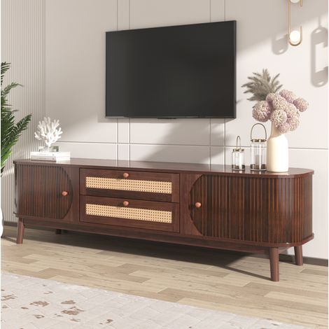 Mueble para TV de MDF color natural con ratán, 170x39.5x46 cm, puertas correderas y cajones de almacenaje (1/5)