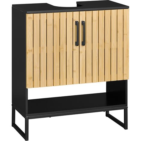 SoBuy Waschbeckenunterschrank 60 cm breit Badezimmerschrank Badmöbel mit Bambus Tür & Metallfüßen höhenverstellbare Ablagen viel Stauraum Unterschrank Waschbecken für kleine Bäder Gäste WC BZR202-SCH