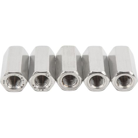 Lot de 5 écrous de raccordement hexagonaux M10 en acier inoxydable argenté antirouille pour boulons et goujons (1/5)