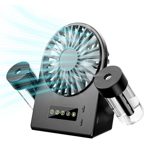Ventilatore da tavolo con nebulizzatore d'acqua – Ricaricabile tramite USB – 4 velocità – Doppia testina di spruzzo – Nero (1/5)