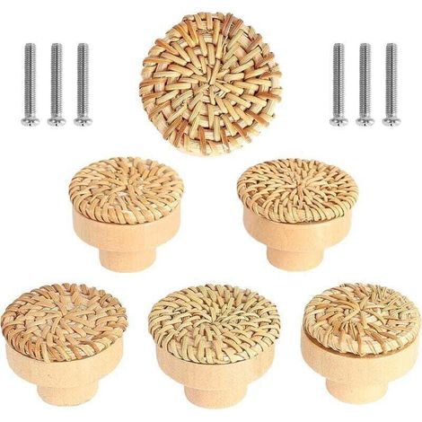 Set of 6 rattan furniture knobs, bohemian style drawer and door knobs, round wooden handles for dressers, wardrobes and kitchen cabinets (1/4)