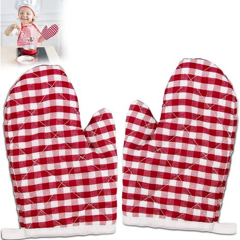 Lot de 2 gants de cuisine pour enfants, résistants à la chaleur, adaptés à la cuisson et pâtisserie, âge 4-12 ans, taille 17,8x11,9 cm, rouge (1/5)