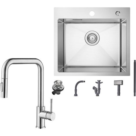 Fregadero de 1 seno 50×45CM Fregadero de acero inoxidable cepillado + grifo de cocina con 2 tipos de chorro Grifo para fregadero extraíble cepillado, altura 354 mm (1/5)