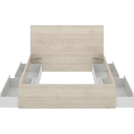 Ensemble de tête de lit avec 4 tiroirs + 2 tables de chevet coloris chêne naturel, blanc - Longueur 246 x Profondeur 195 x Hauteur 100 cm (1/5)