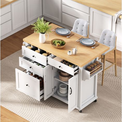 Mueble de cocina móvil con ruedas y encimera extensible, MDF blanco y natural DESVIAE (1/5)