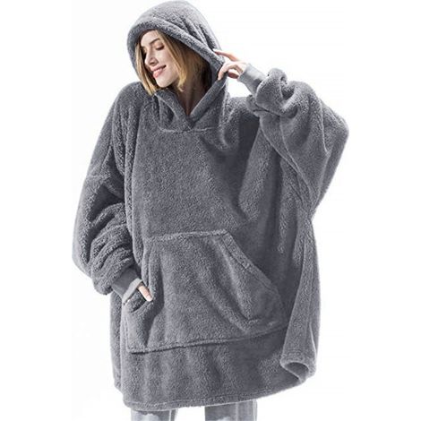 Couverture à capuche - Gris premium - Grande taille - Unisexe femme et homme - Couverture TV - Couverture polaire à manches - Ultra douce - Accessoires pour la maison (1/5)