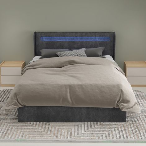 Lit moderne minimaliste rembourré 140 x, éclairage LED, avec matelas, gris, 140 x 200 cm, pour maison et usage quotidien, tête LED douce