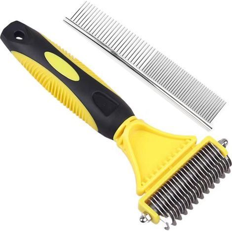 Two-piece set: dog brush, cat brush, and animal hair remover comb removes 96% of dead hair and tangles professional hair removal for both long and short hair – yellow. (1/5)