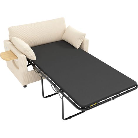 Canapé-lit 2 places extensible avec fonction couchage, port de charge USB, table latérale pliable, matelas, deux draps et deux coussins, idéal pour le salon et les appartements, beige. (1/5)