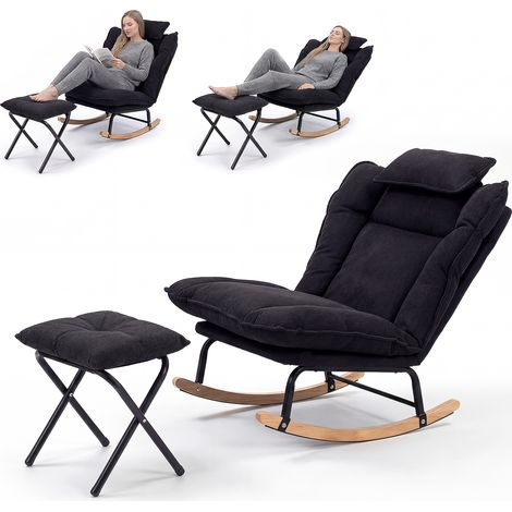 Fabulcozy Schaukelstuhl aus Cord mit Fußstütze, Stillstuhl mit Kopfstütze, 3-fach verstellbare Rückenlehne, abnehmbares Kissen mit Klettverschluss, Massivholzgestell – Wohnzimmer/Balkon, 81 × 80 × 84