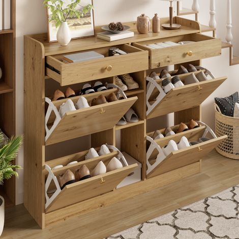 Meuble à chaussures avec 4 Portes Abattantes, 2 Tiroirs et 3 Niches, Style Minimaliste, en Panneaux de Particules, 110×26×100 cm, Naturel