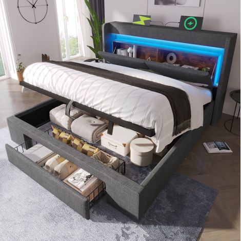 lit adulte rangement 180x200 LED USB lin gris OKMYHOME (1/5)