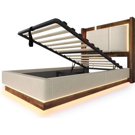 Lit coffre 90x200 cm avec sommier, LED, relevage hydraulique, beige et noyer (1/5)
