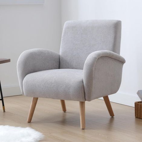 Fauteuil club en velours côtelé gris avec pieds en bois (1/5)