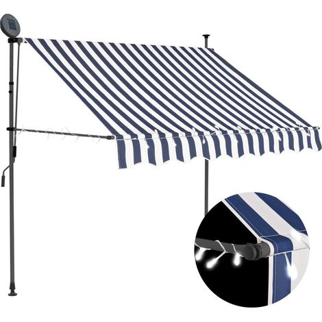 Auvent manuel rétractable avec LED,Marquise Anti-UV,Auvent facile à assembler 150 cm Bleu et blanc -FR42593 (1/5)