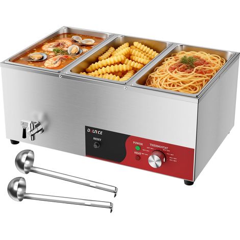Bain-Marie Électrique 3 Bacs INOX avec Réinitialisation, 1500W Buffets Chauffe-Plats Electrique avec Température 30 à 85℃, Robinet de vidange et Cuillère à Soupe, pour Restauration (1/5)