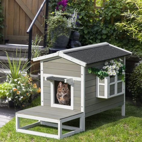 Maison pour chats 115x66,5x74,7 cm en bois gris avec terrasse et balcon stable – MEUBLIV (1/5)