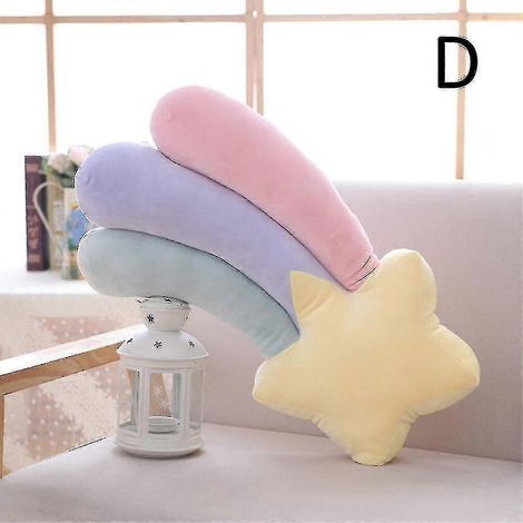 Coussin décoratif en peluche motif ciel arc-en-ciel, nuages, étoiles et lune, couleurs bonbon. Idéal pour les enfants. Cadeau parfait pour la maison, le salon ou le bureau. (1/5)