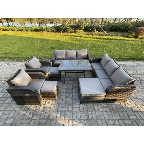 Fimous 11 places Ensemble de canapés en rotin Table & Fauteuil avec Canapé 3 places Table à manger rectangulaire 3 Tabourets Gris foncé mixte (1/5)