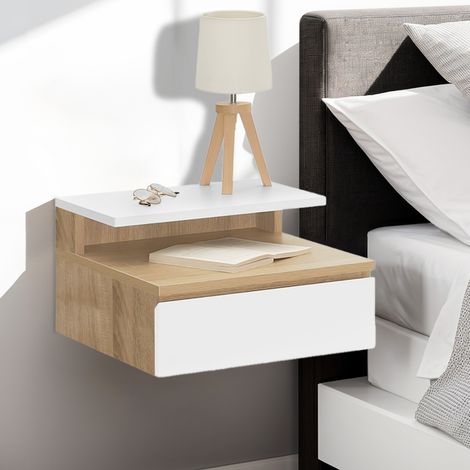 Lote de 2 mesillas de noche TOMI de pared con estante colgante + 1 estante de madera de haya y cajón blanco (1/5)
