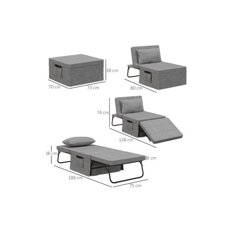 Lit d appoint pliable 4 en 1 avec matelas 8 cm, fauteuil et pouf, cadre acier réglable sur 5 niveaux pour chambre, salon et invités (1/5)
