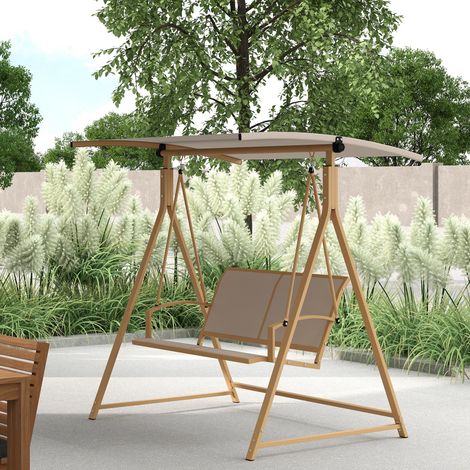Gartenschaukel für 2 Personen mit verstellbarem Sonnendach und dreieckigem Metallrahmen, Tragkraft 220 kg, 160 x 112 x 162 cm, Khaki
