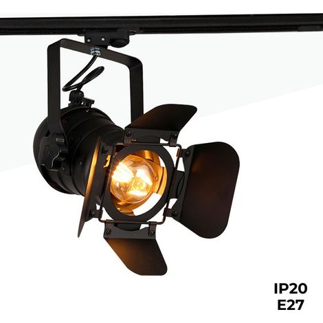 Barcelona Led – Projecteur sur rail monophasé orientable E27 – Aluminium durable – Tête directionnelle avec 4 abattants – 60W max – IP20 intérieur