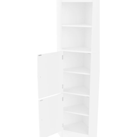 Armadio da bagno angolare triangolare bianco in MDF con 2 ripiani aperti e 2 ante (1/5)