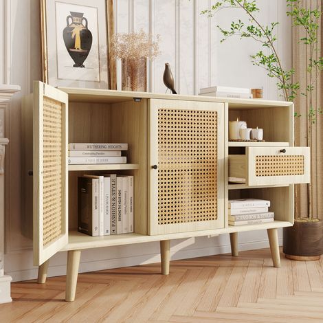 Buffet 120x40x80 cm avec 1 tiroir, 2 portes magnétiques et cannage, chêne DESVIAE (1/5)