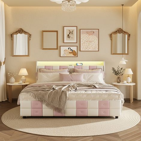 Letto matrimoniale 140x190 cm, letto imbottito trapuntato con 4 cassetti e illuminazione LED, struttura letto con porte USB/Type-C, velluto e metallo, design moderno bicolore, Rosa/Bianco (1/5)