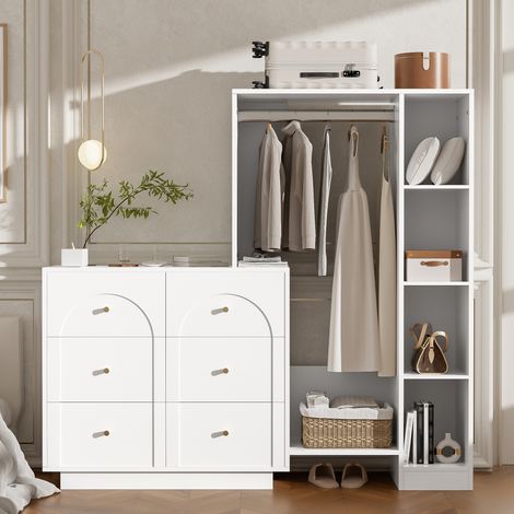 Armoire polyvalente moderne, penderie ouverte avec tringle à vêtements, 6 tiroirs et étagères latérales, armoire de rangement pour chambre à coucher, blanc, 139 × 35 × 133 cm (1/5)