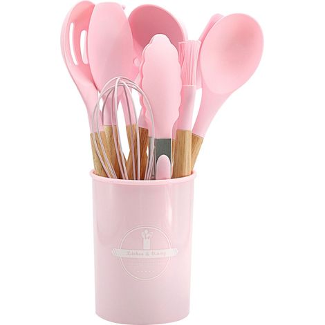 Cuillère En Silicone - Set De 12 Ustensiles De Cuisine - Poignée En Bois - Résistant Jusqu'à 240 °C - Pour Casseroles Antiadhésives - 12 Pièces (1/3)